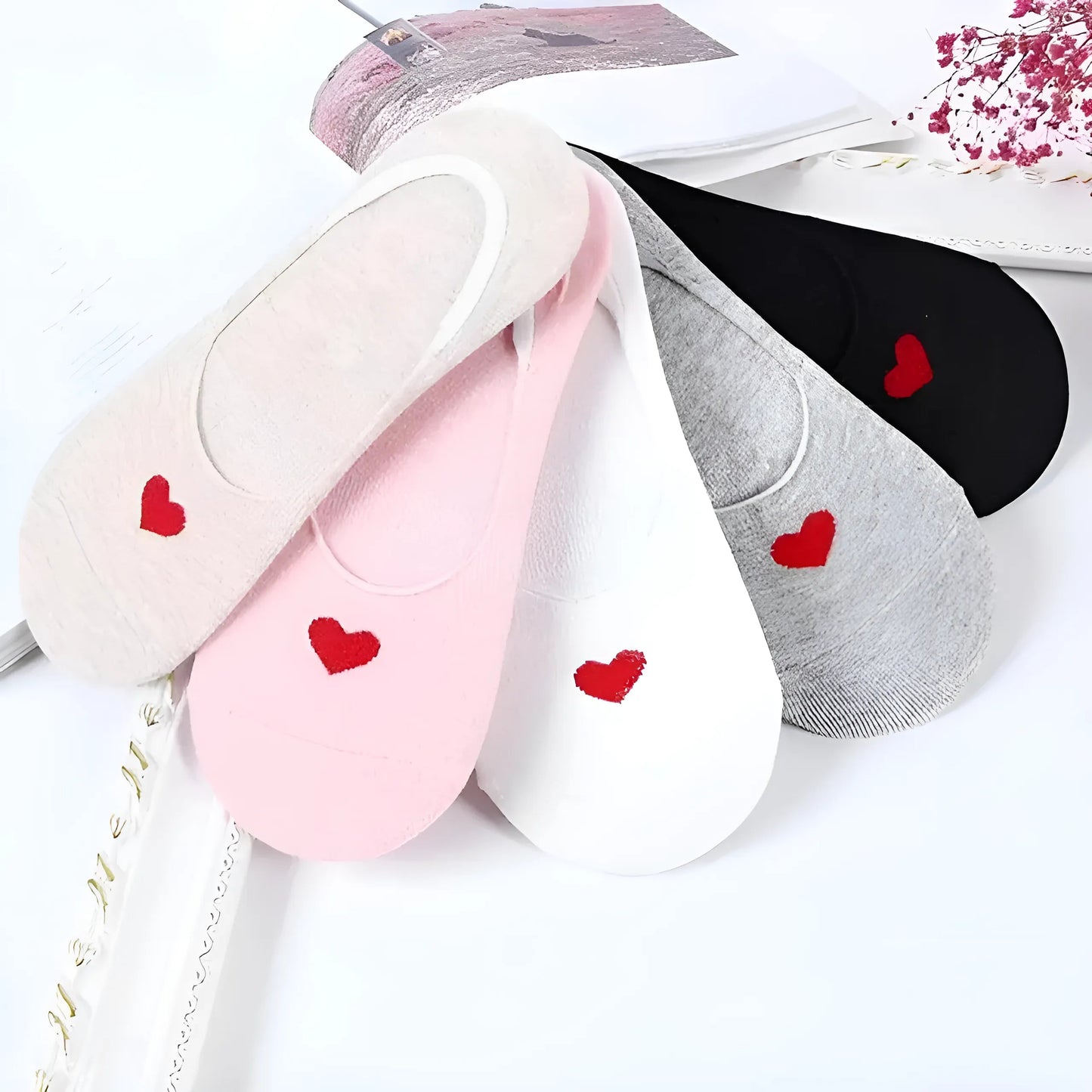 5-Pack Ankle Socks with Red Heart Design