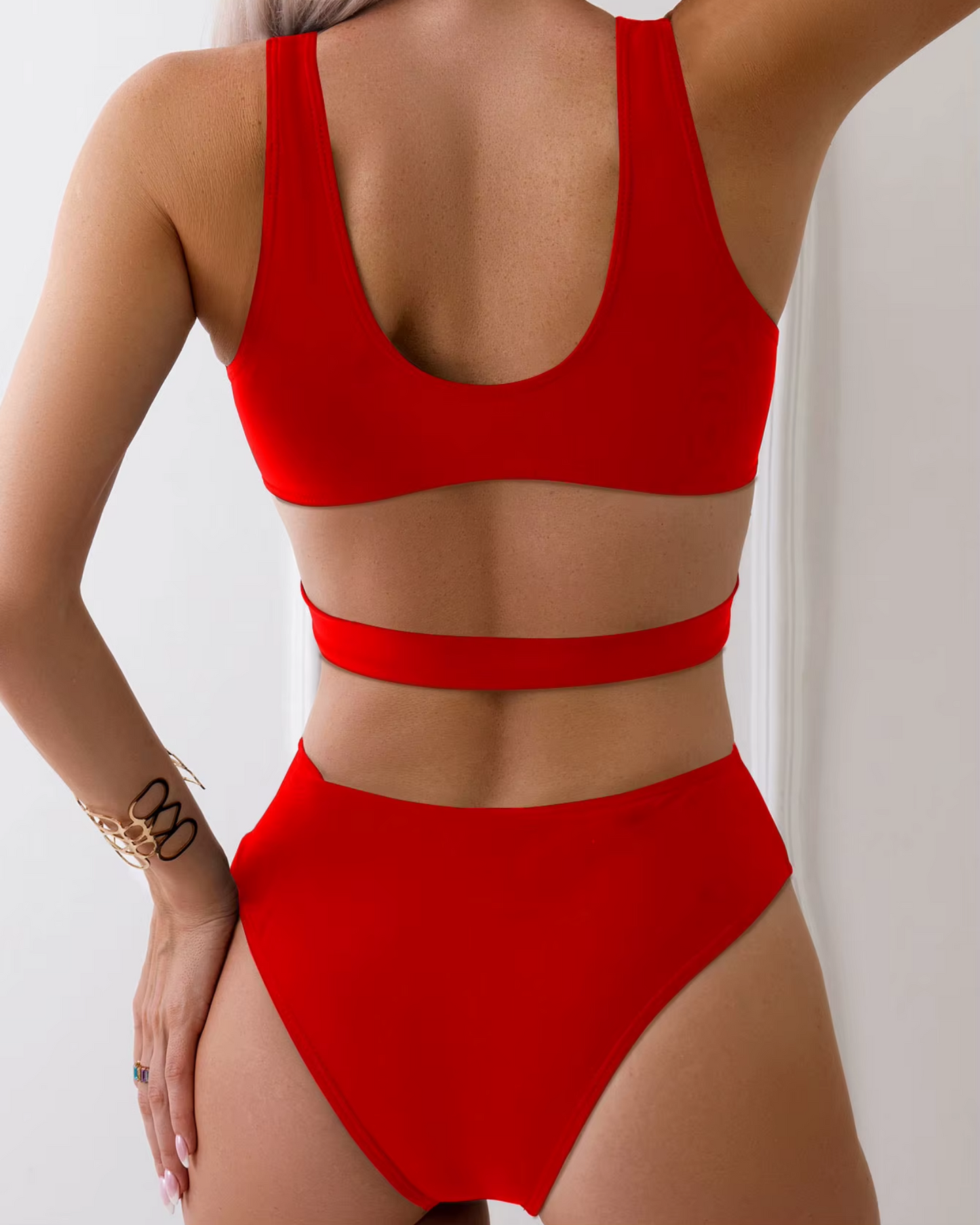 One-piece swimsuit with deep neckline and cut-outs