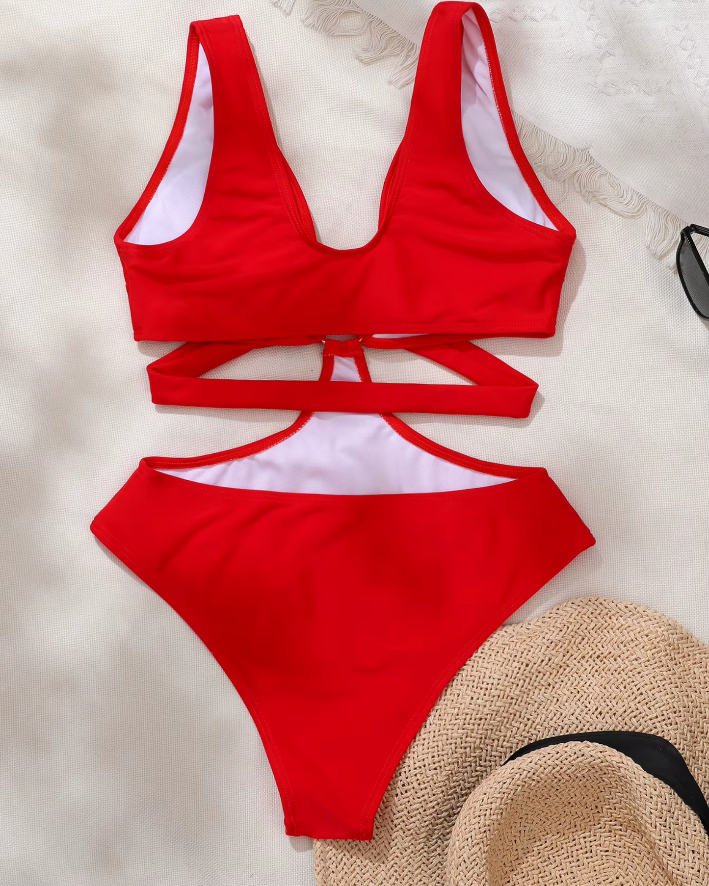 One-piece swimsuit with deep neckline and cut-outs