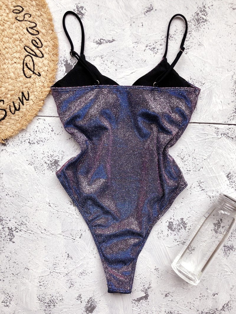 Shiny one-piece swimsuit with adjustable straps