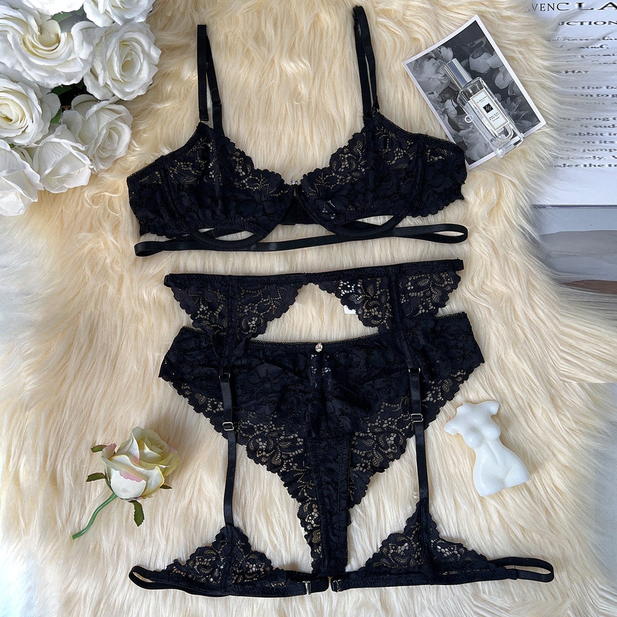 Lace lingerie set with adjustable features.