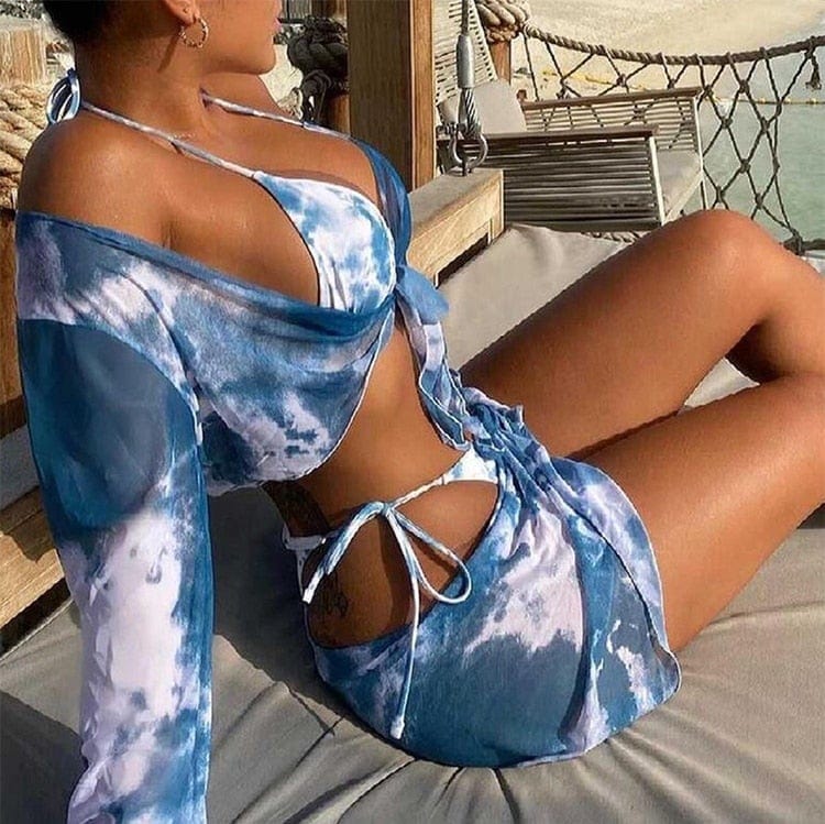 Four-piece bikini set with adjustable ties.