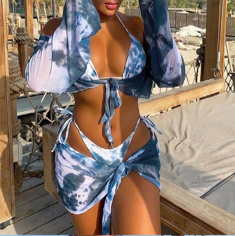 Four-piece bikini set with adjustable ties.