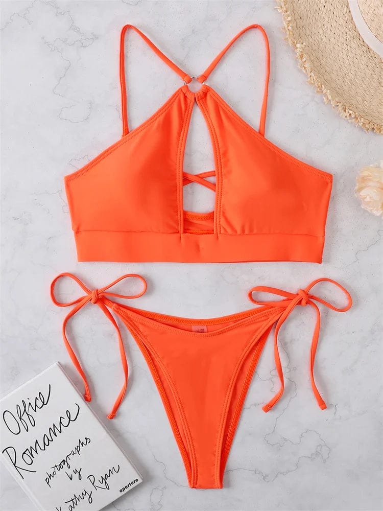Two-piece swimsuit with a deep neckline.