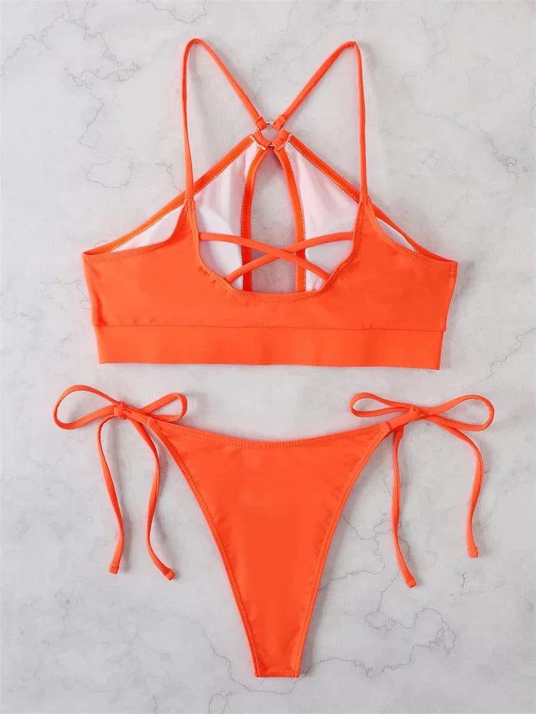 Two-piece swimsuit with a deep neckline.