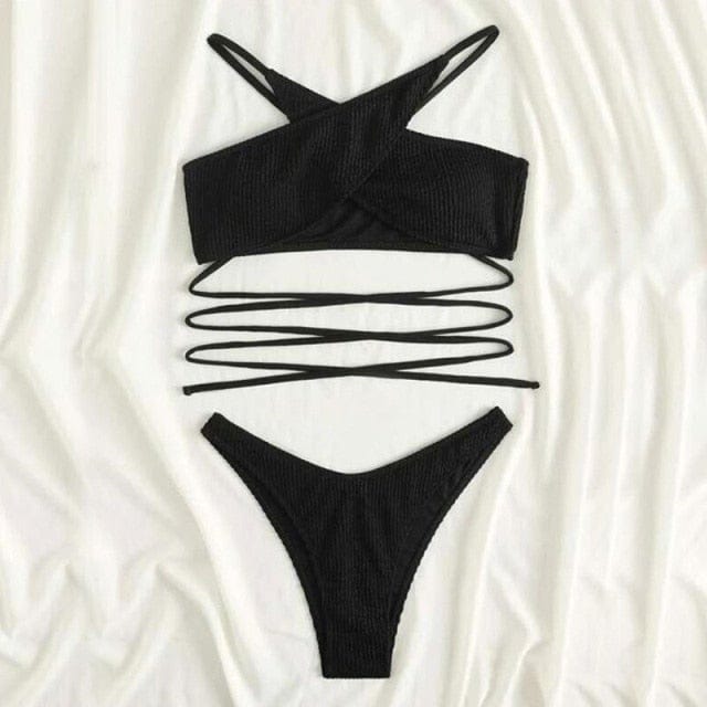 Two-piece swimsuit with a tie at the waist
