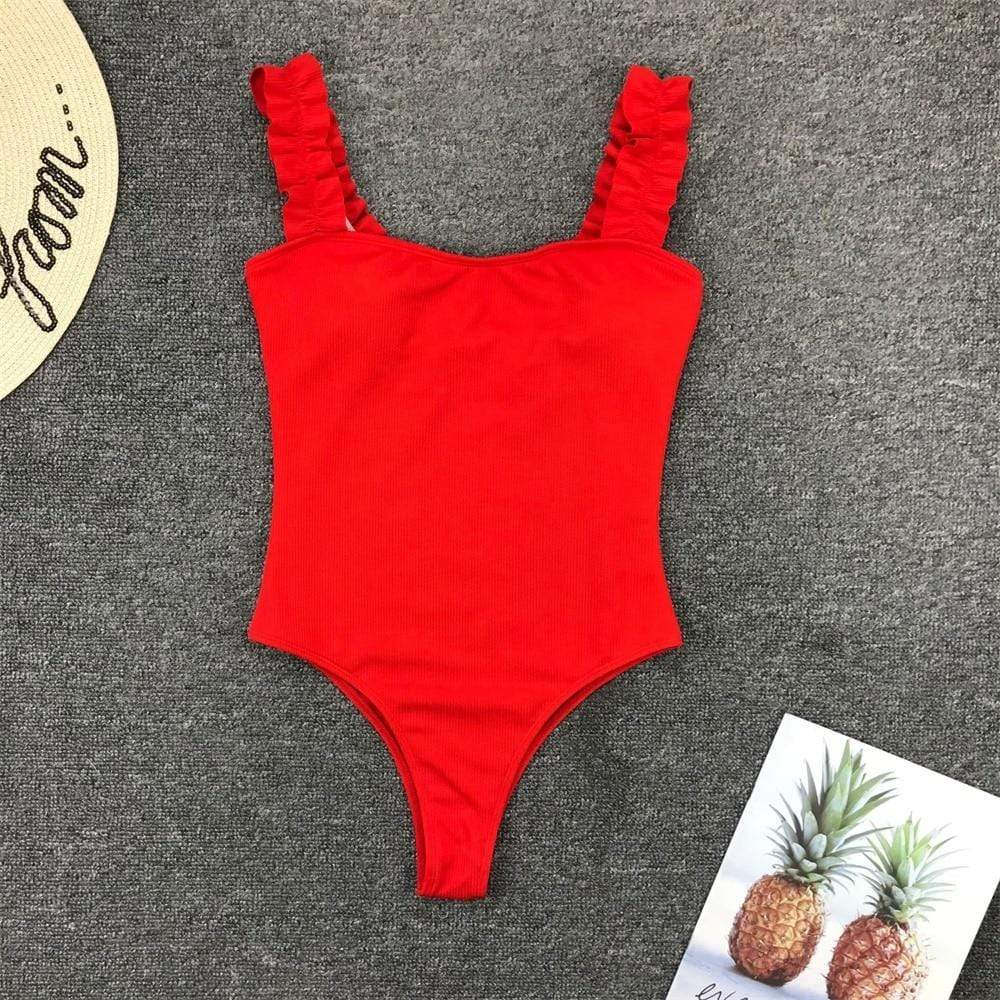 One-piece swimsuit with frills on the straps.