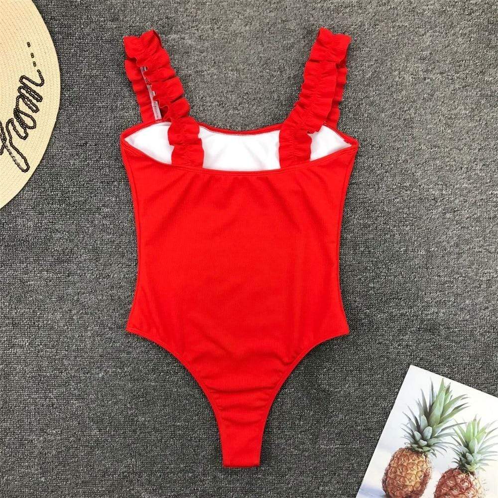 One-piece swimsuit with frills on the straps.
