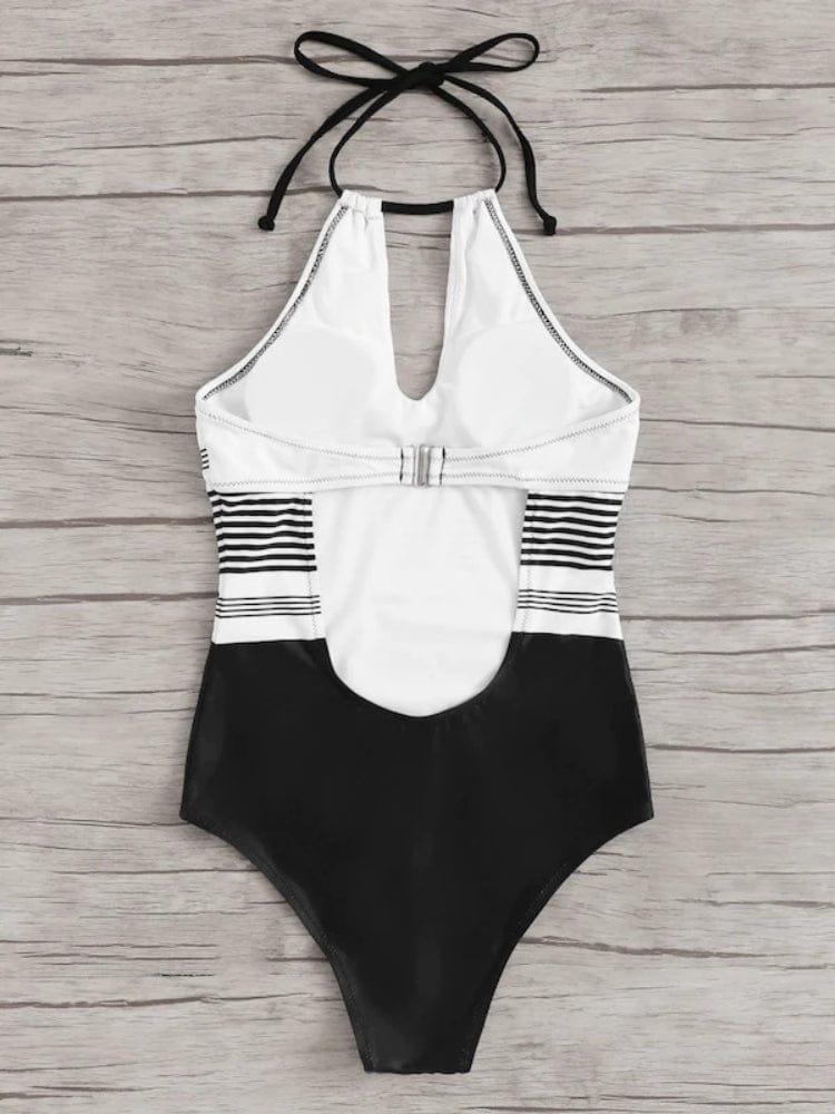 One-piece swimsuit with a neck tie.