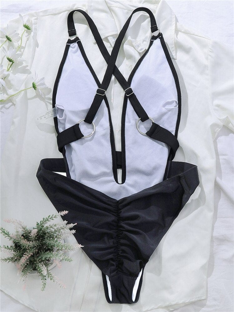 One-piece swimsuit with a deep neckline