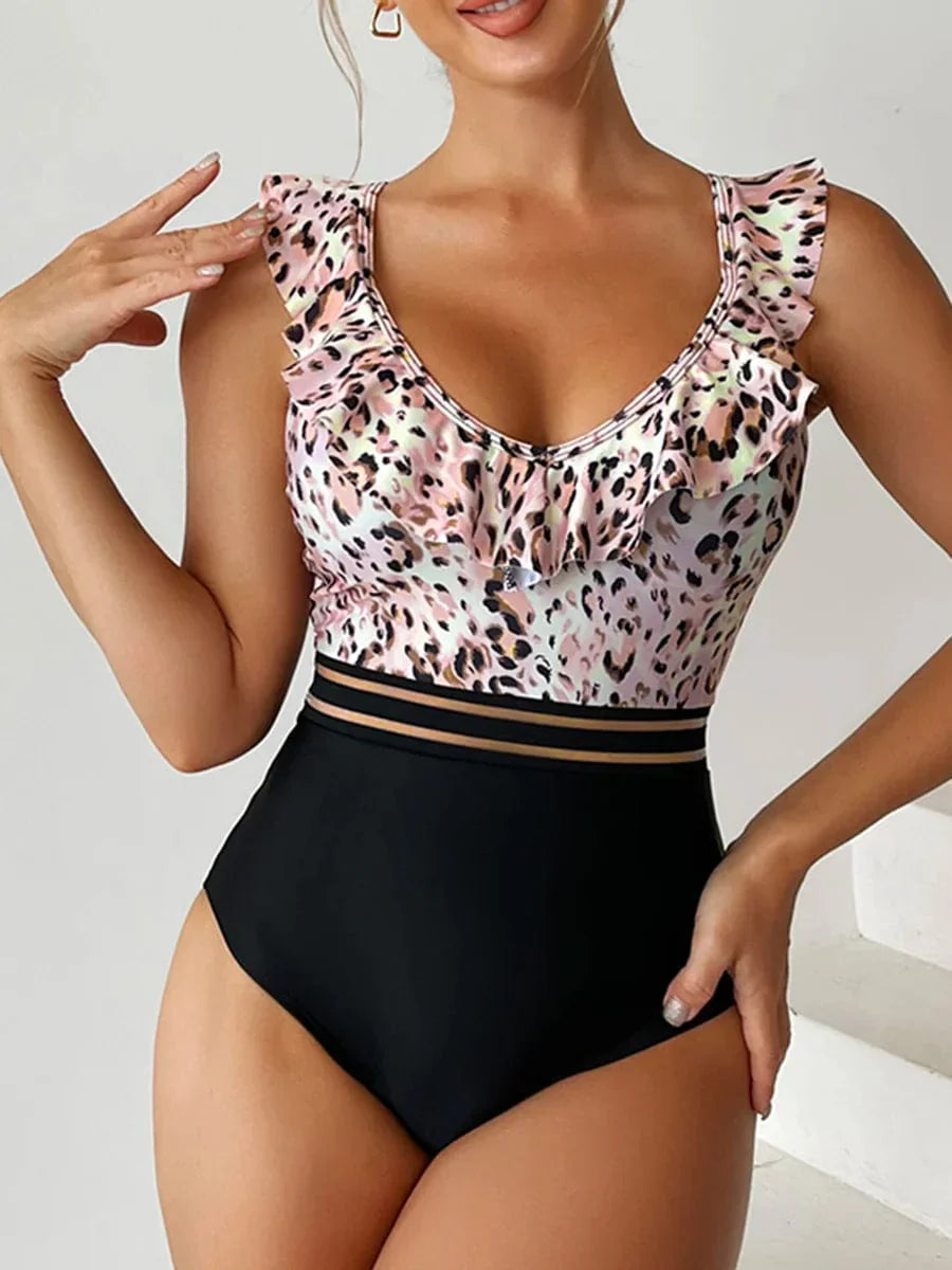 One-piece swimsuit with a decorative frill