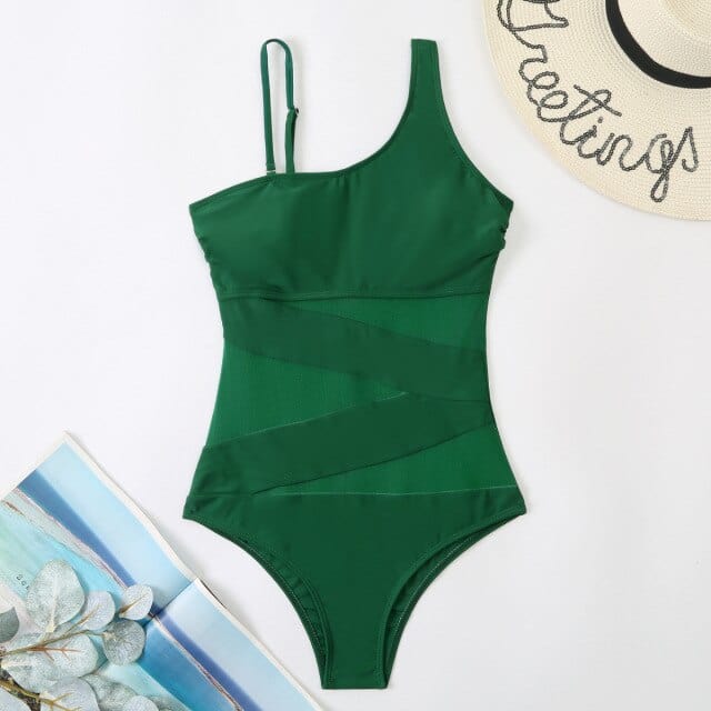 One-piece swimsuit with mesh.