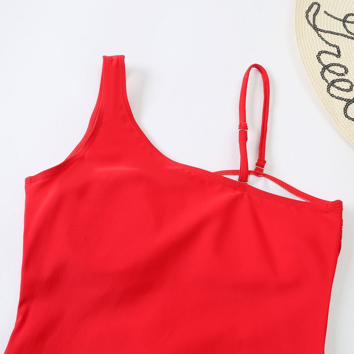 One-piece swimsuit with mesh.