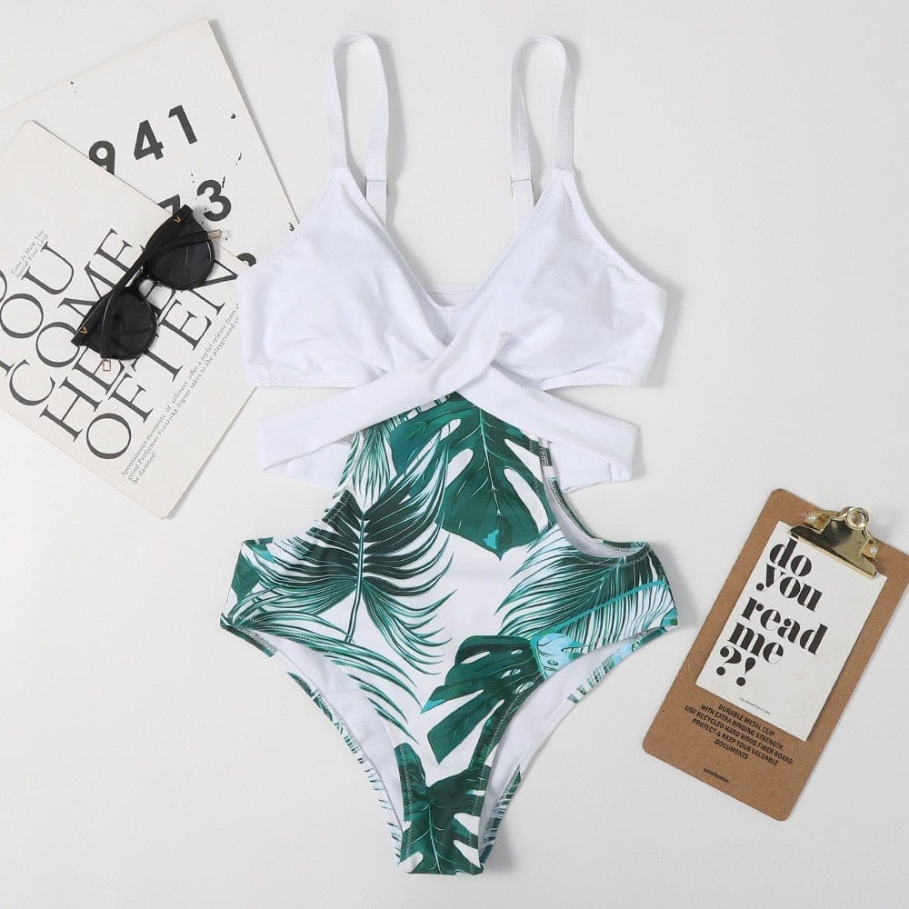 One-piece swimsuit with a tie at the back.