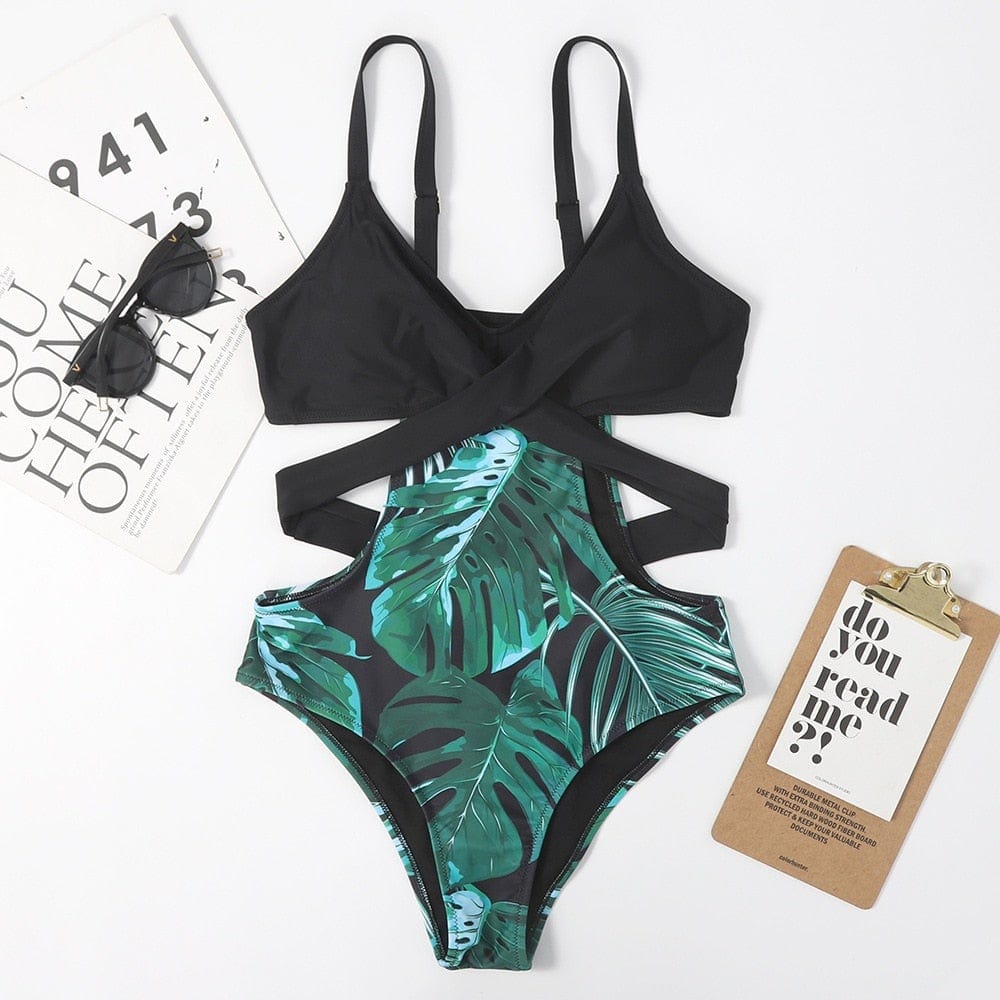 One-piece swimsuit with a tie at the back.