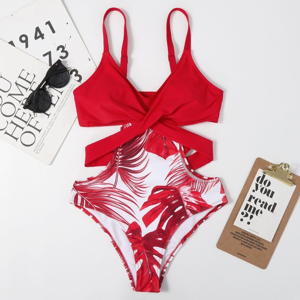 One-piece swimsuit with a tie at the back.