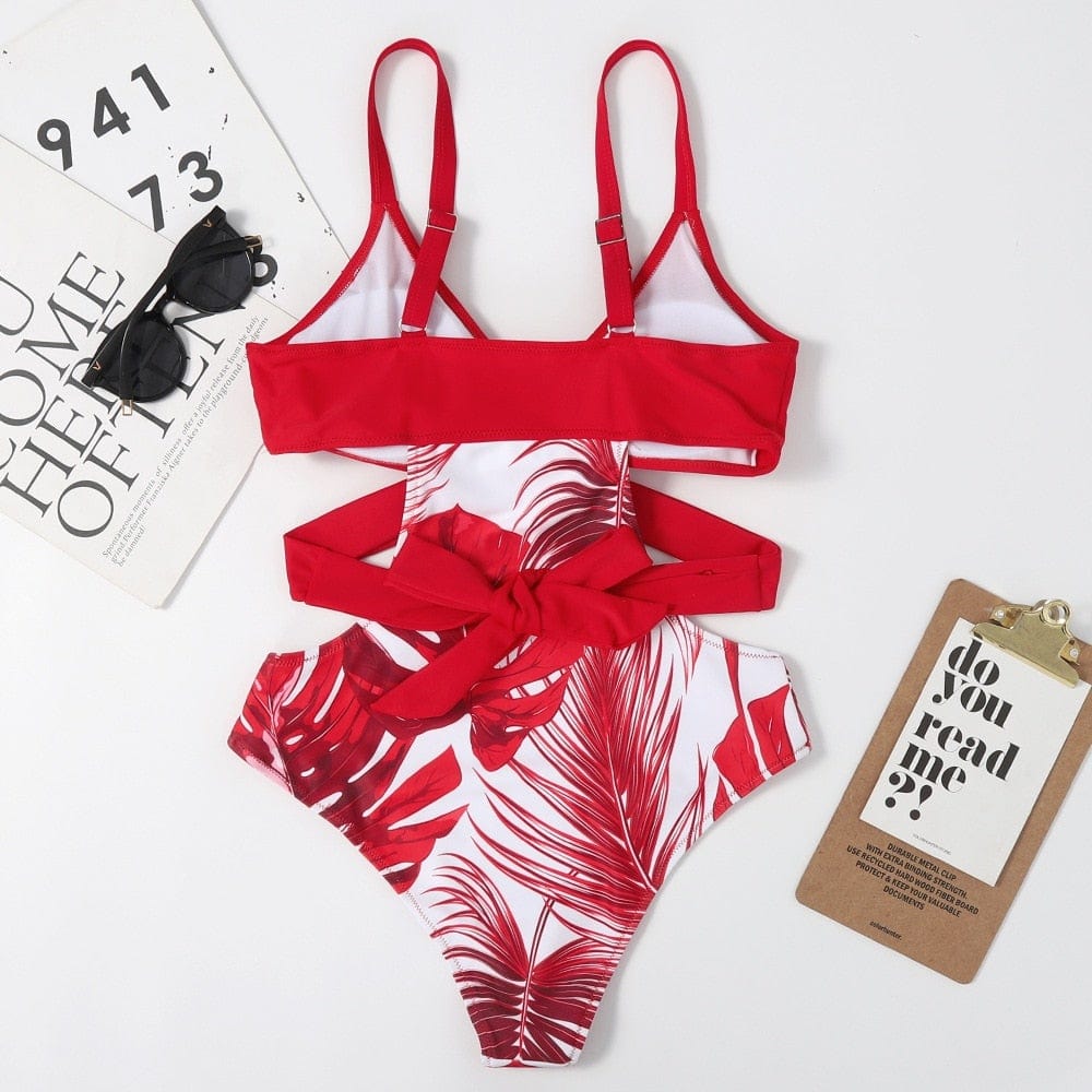 One-piece swimsuit with a tie at the back.