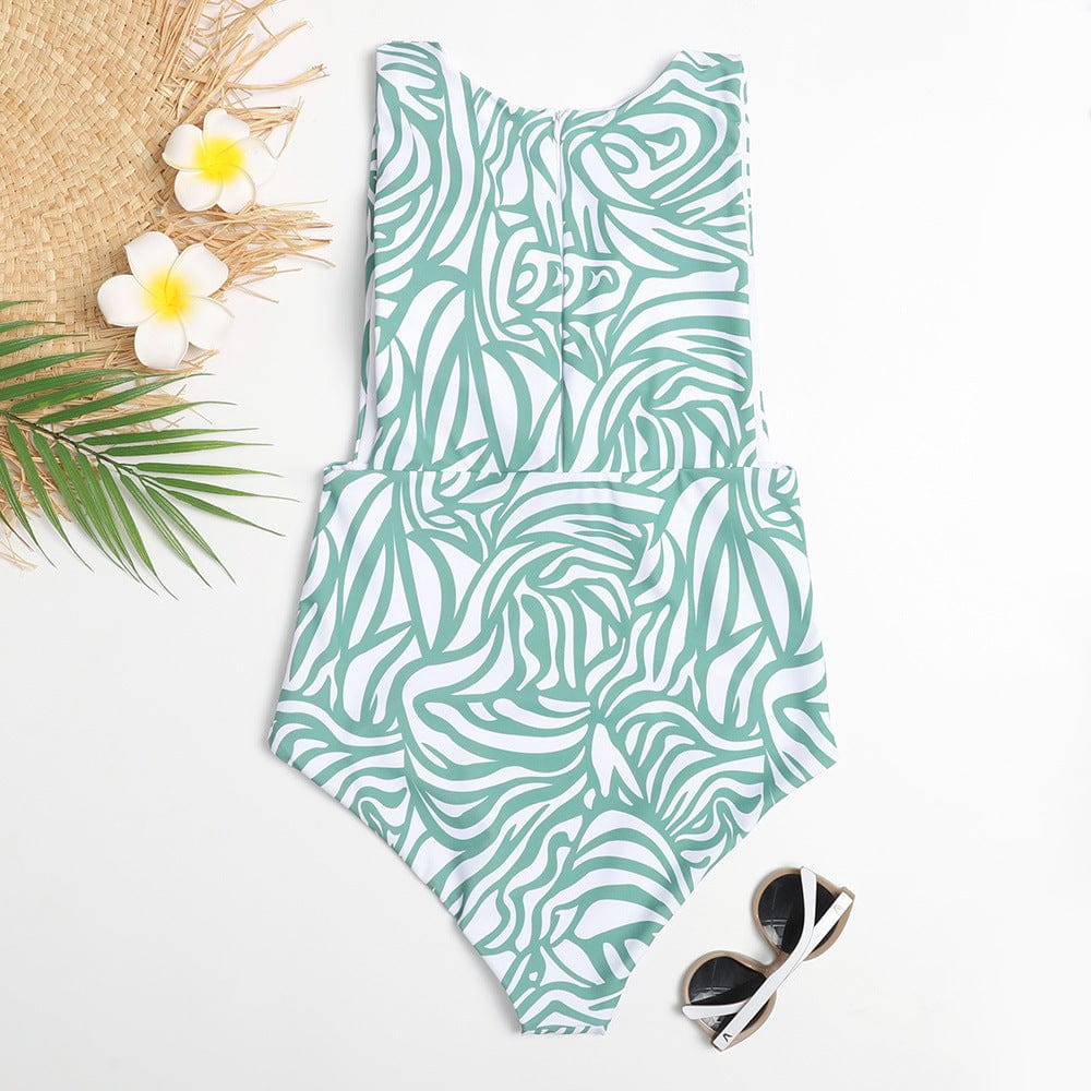 One-piece swimsuit with a zip at the back.