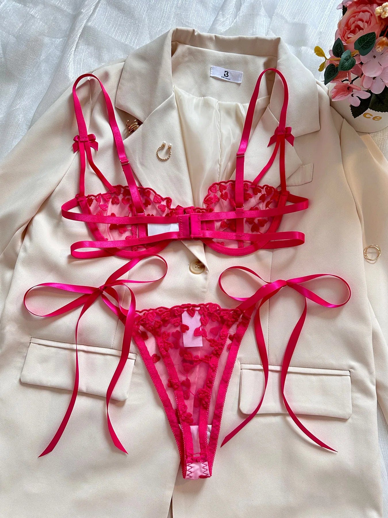 A set of lingerie with tie-up thongs