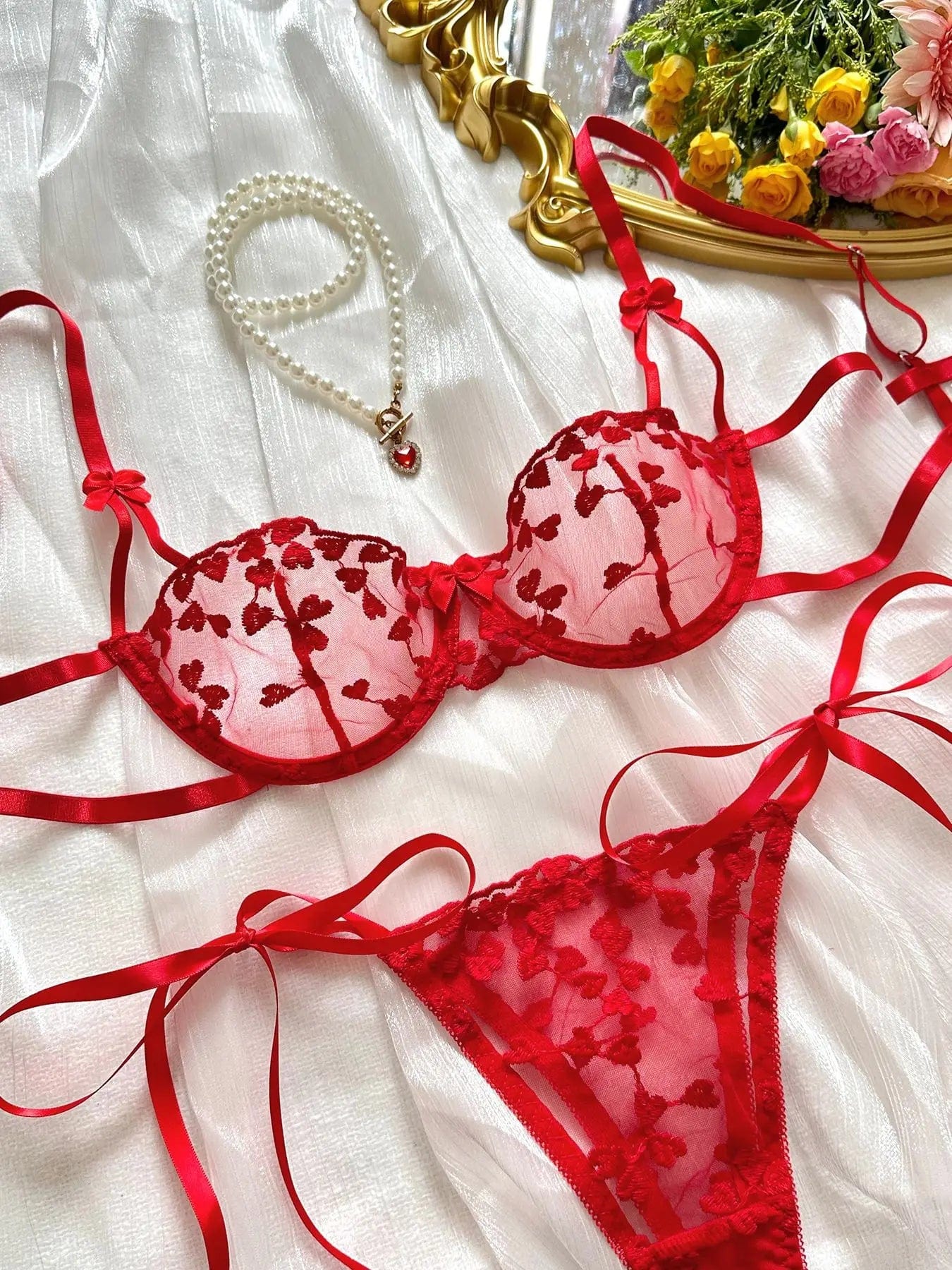 A set of lingerie with tie-up thongs