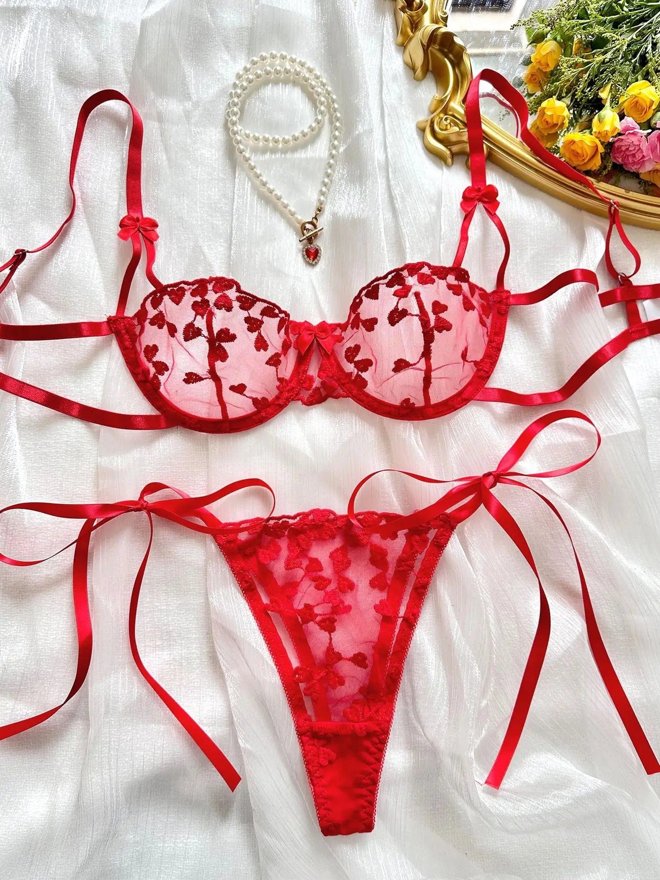 A set of lingerie with tie-up thongs