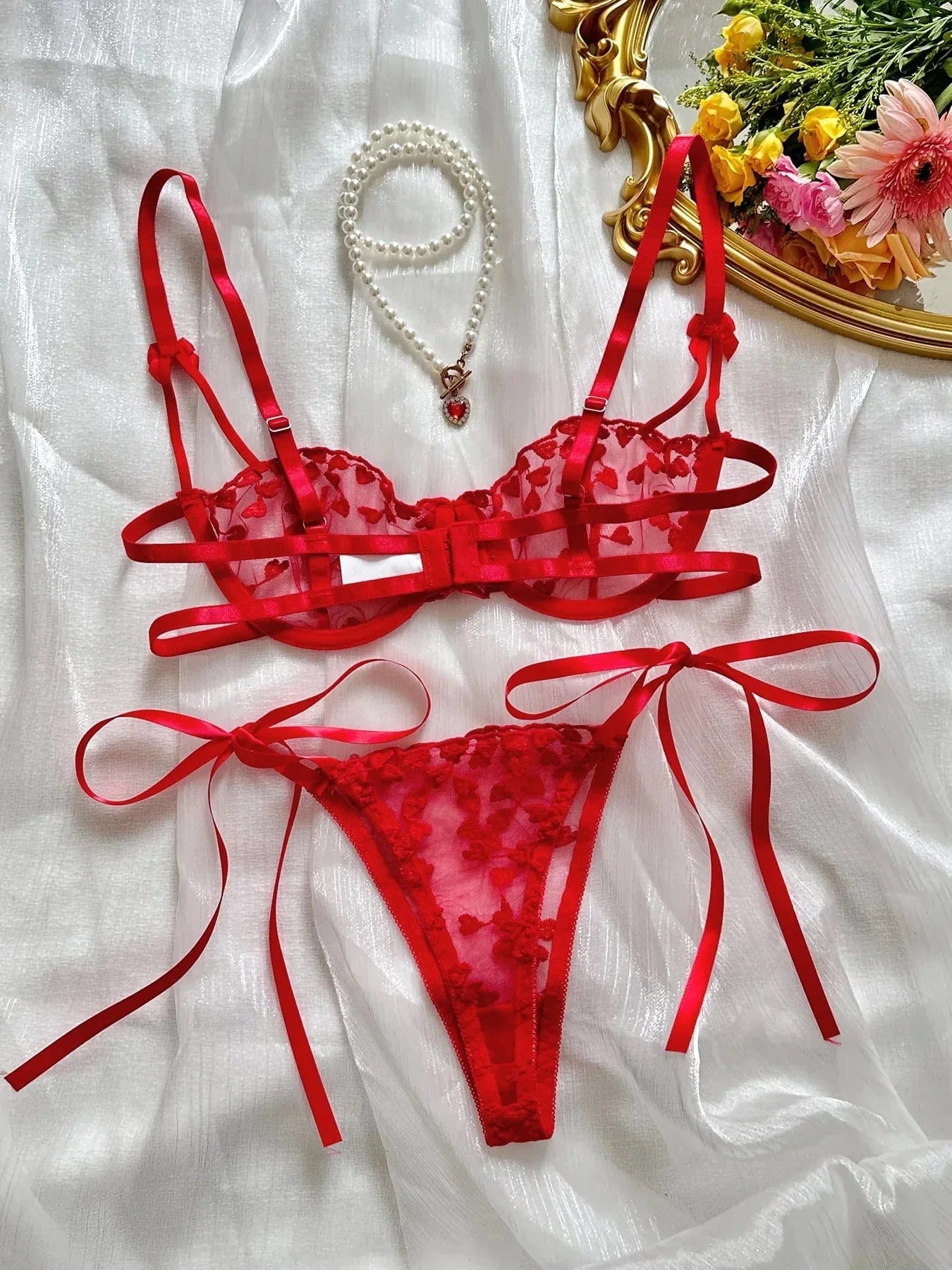 A set of lingerie with tie-up thongs
