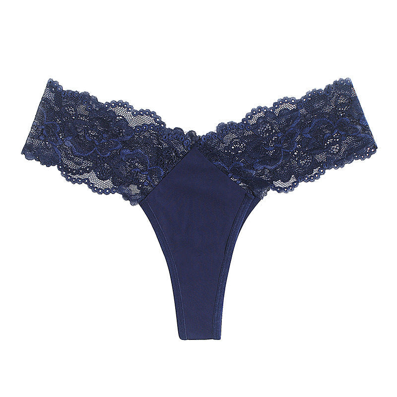 Satin thong with lace inserts