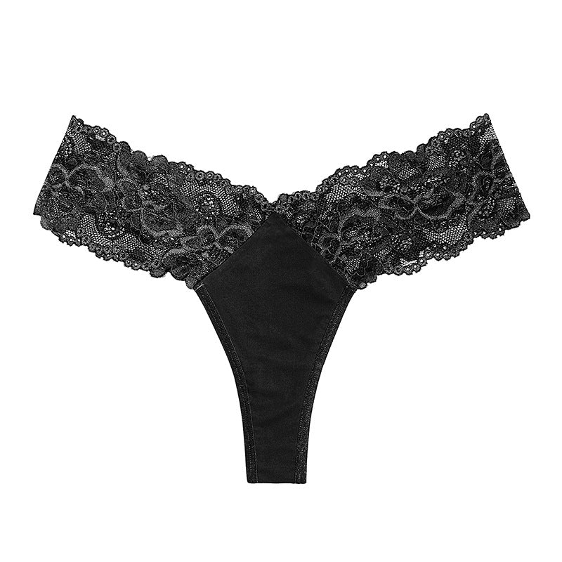 Satin thong with lace inserts