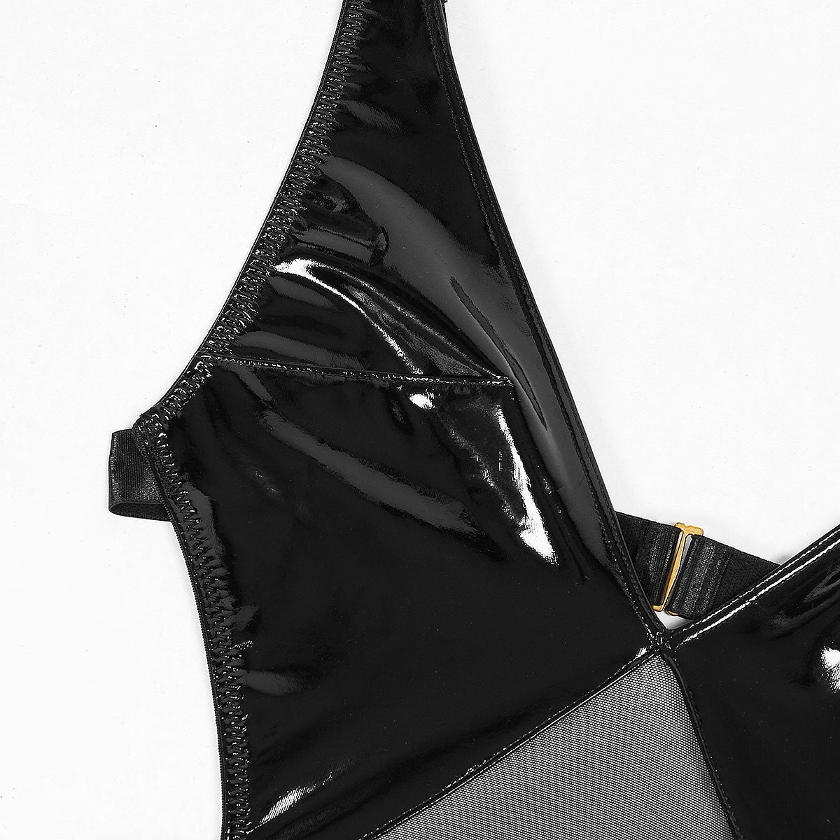 Latex bodysuit with mesh material on the stomach.
