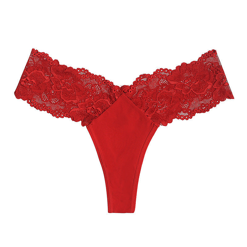 Satin thong with lace inserts