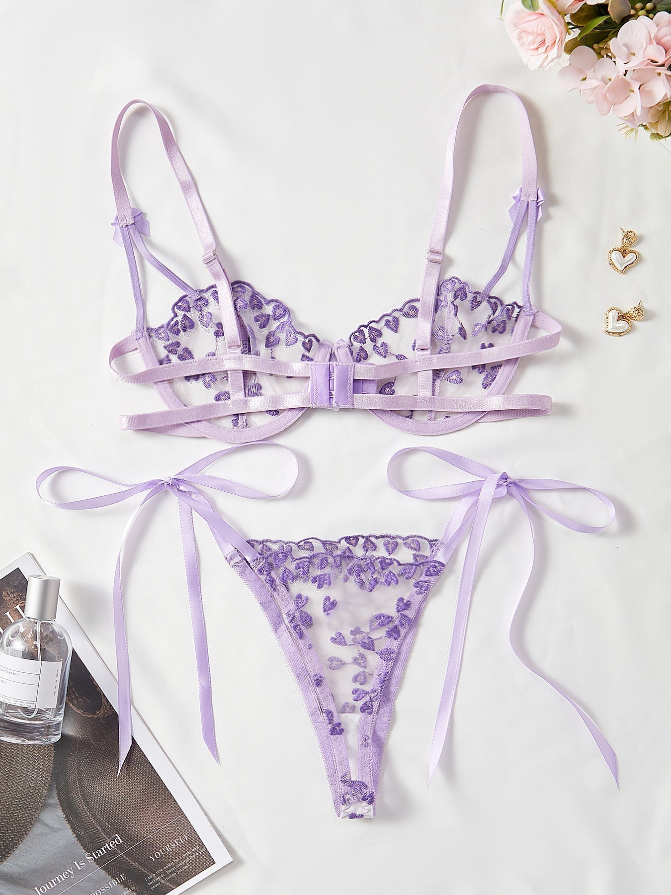 Lace-up lingerie set made of sheer material