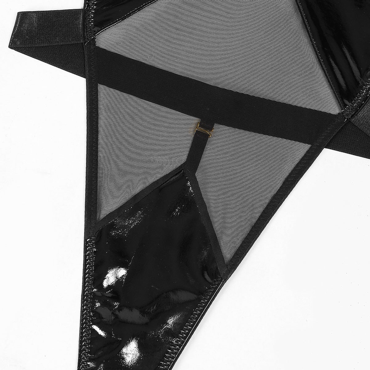 Latex bodysuit with mesh material on the stomach.