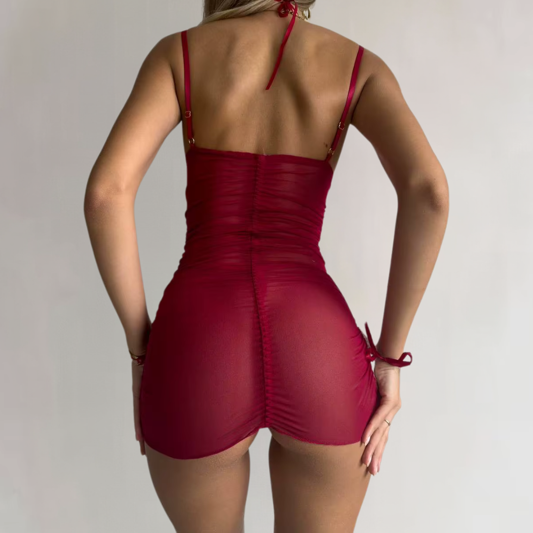 Rabbit ear costume with a mesh nightgown.