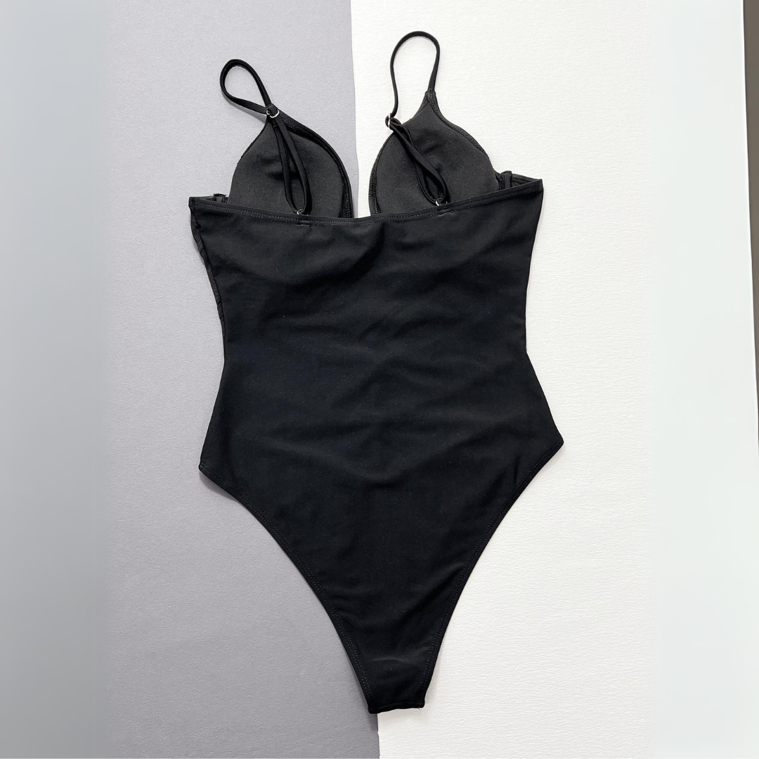 One-piece swimsuit with a deep V-neckline