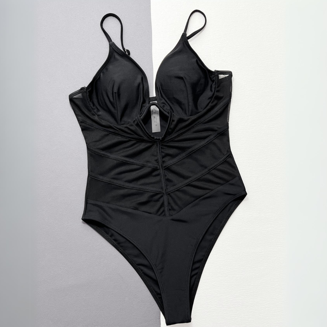 One-piece swimsuit with a deep V-neckline