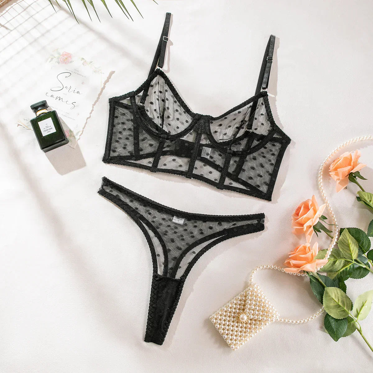Spotty lingerie set with sheer material