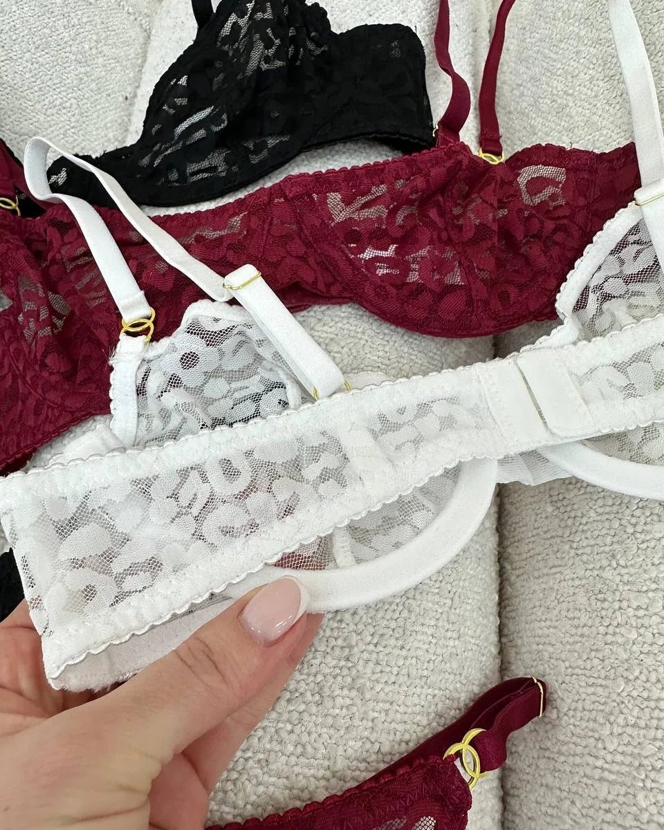 A set of lingerie in a leopard print design with adjustable straps.