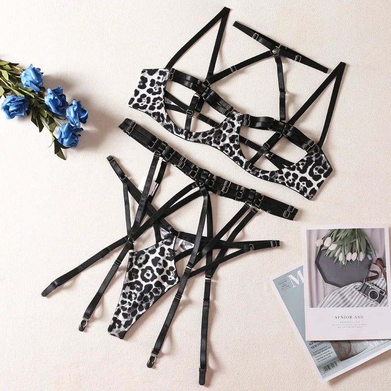 A leopard print lingerie set with open cups.