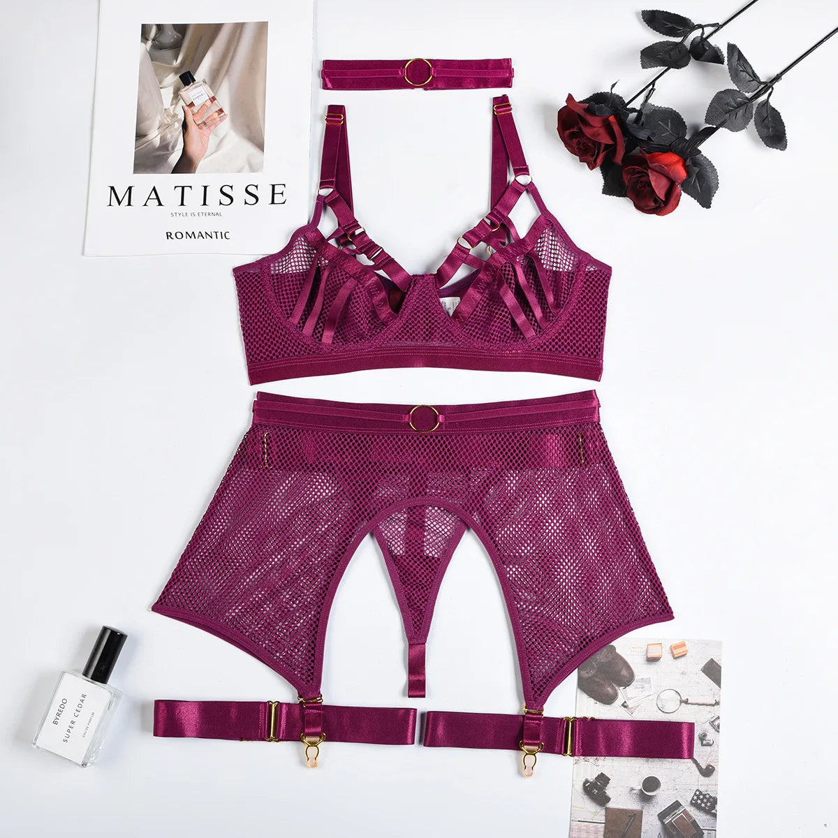 Lingerie set with mesh cut-outs