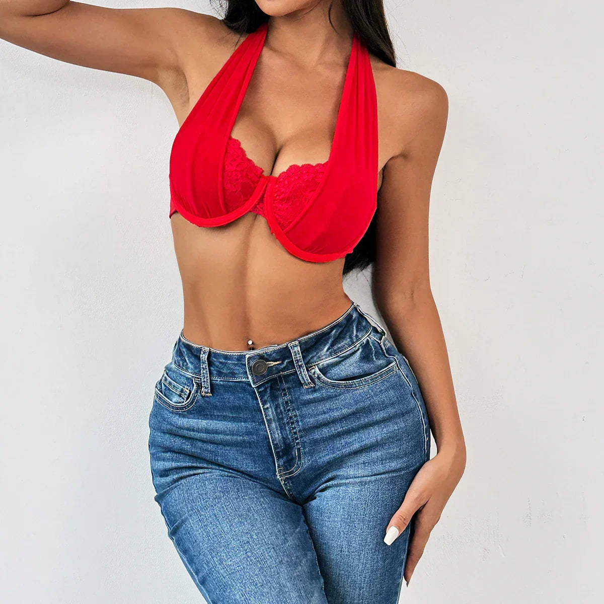 Neck-tie bra with lace trim