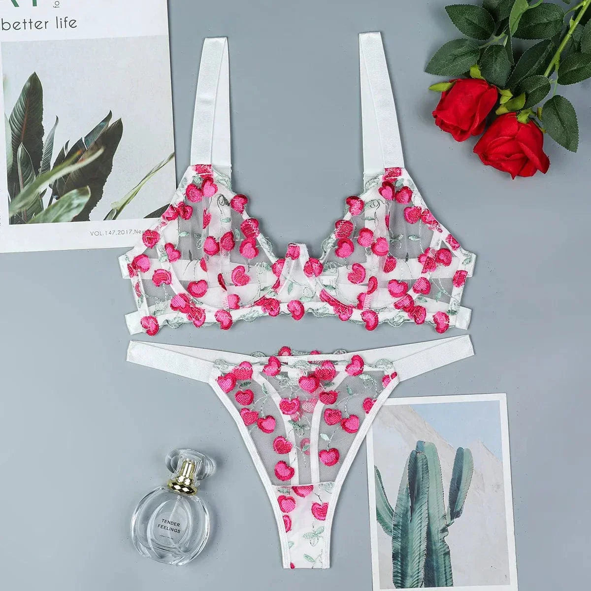 Transparent lingerie set with cherry embroidery