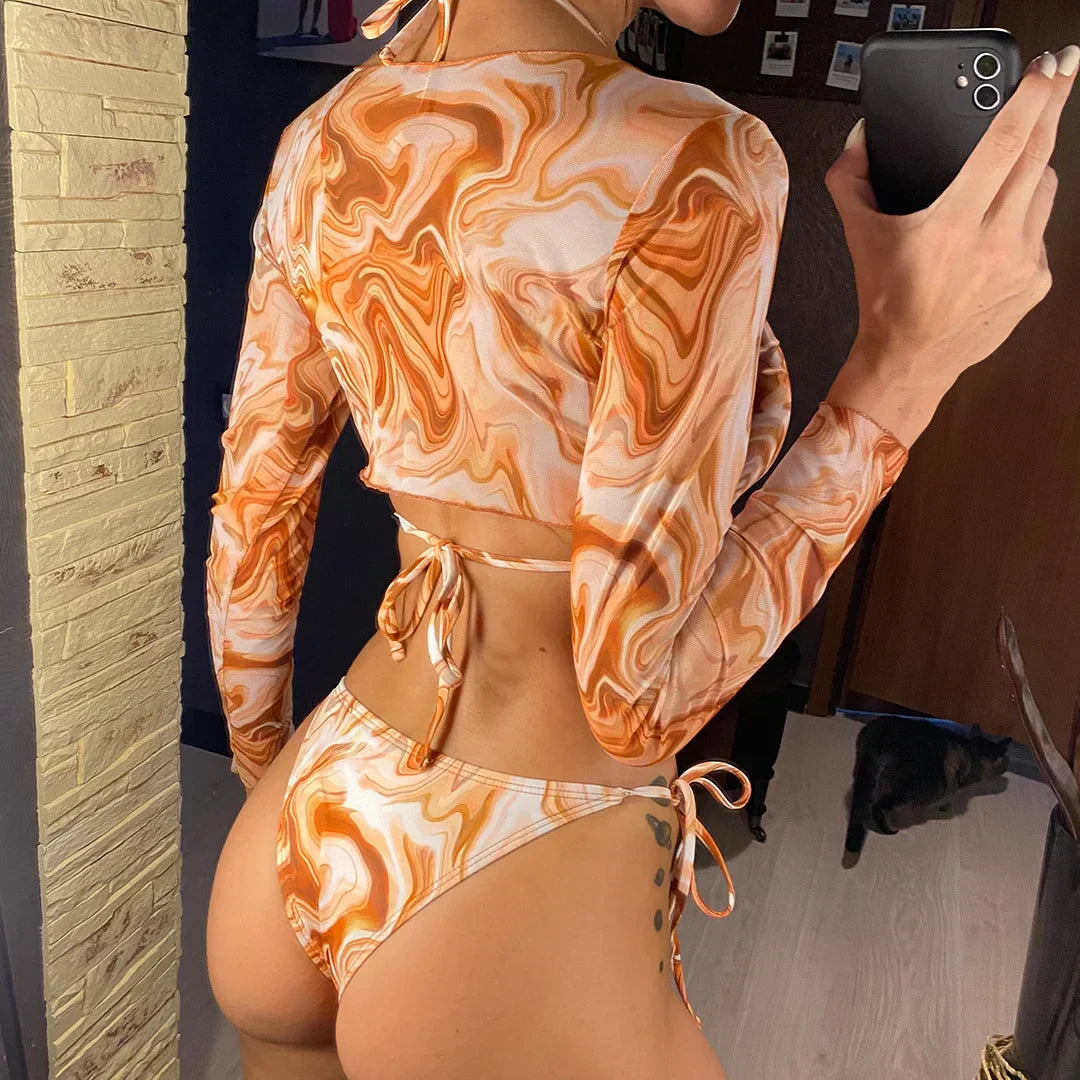 Swim set with a long-sleeved mesh top