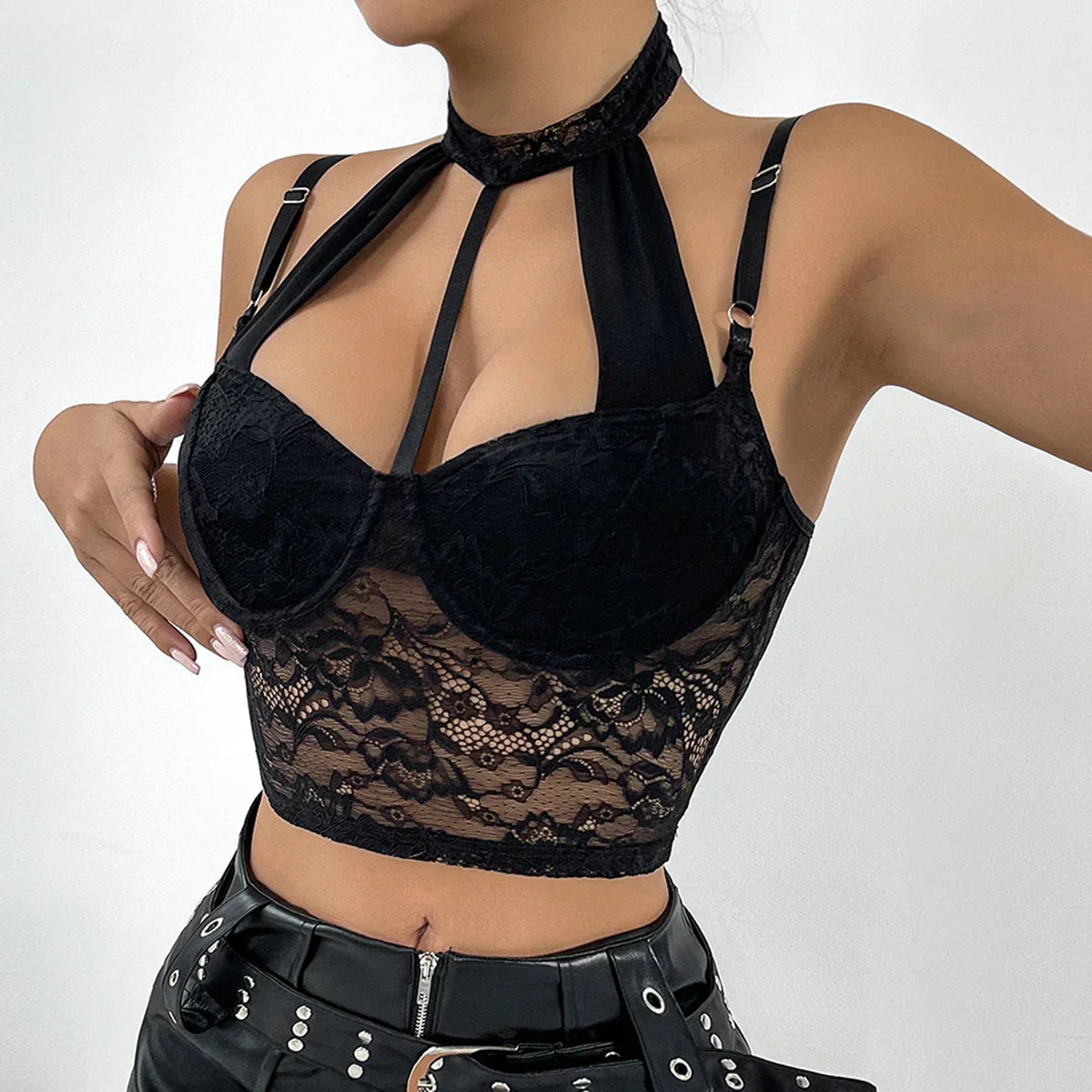 Bra with choker and lace trim