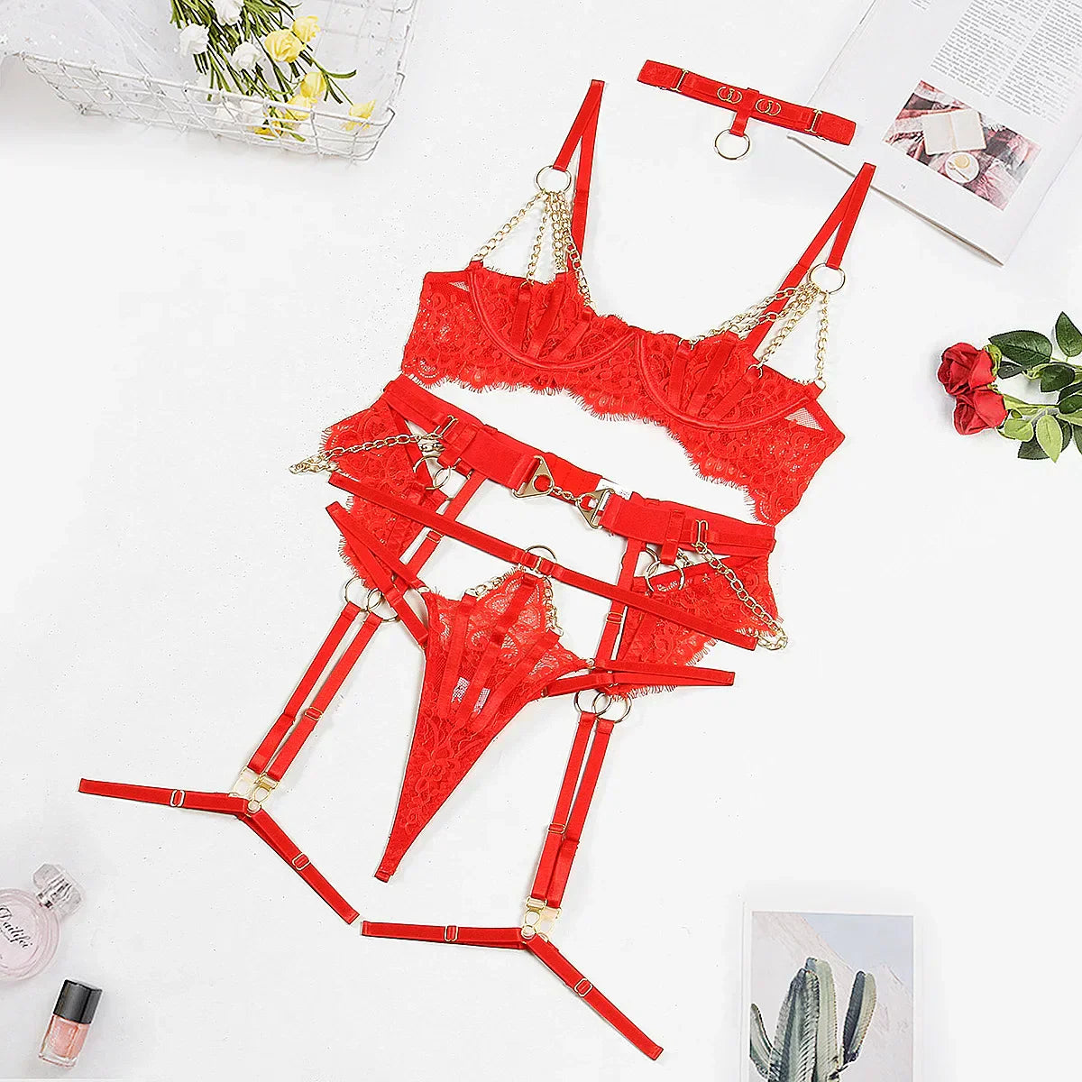 Lace lingerie set with gold details