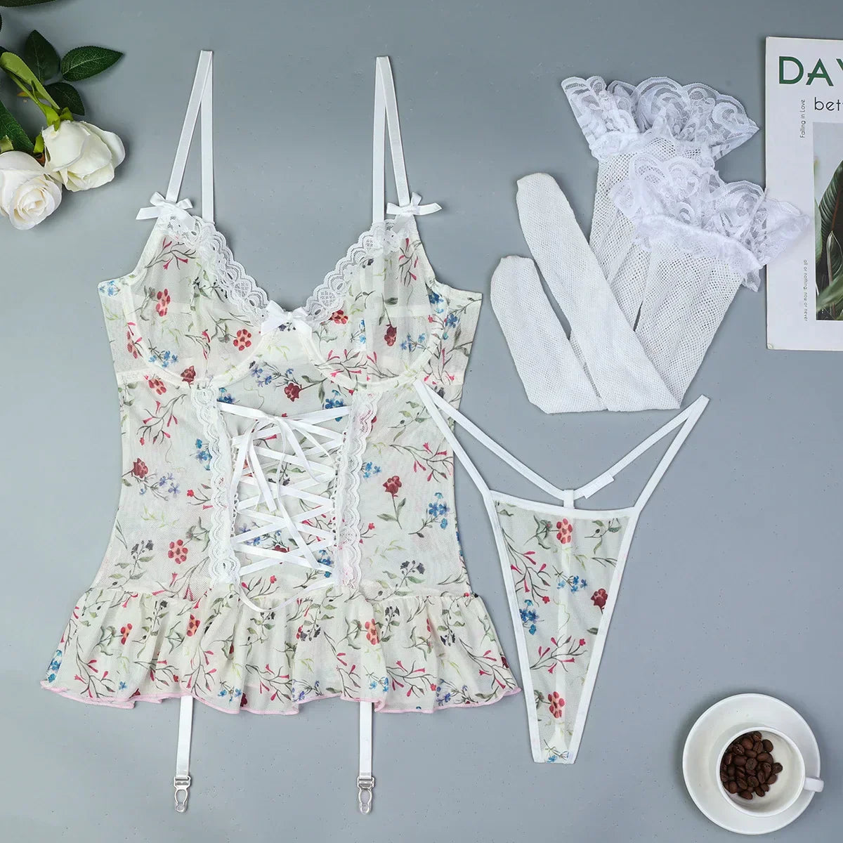 Lace bodysuit with a floral pattern