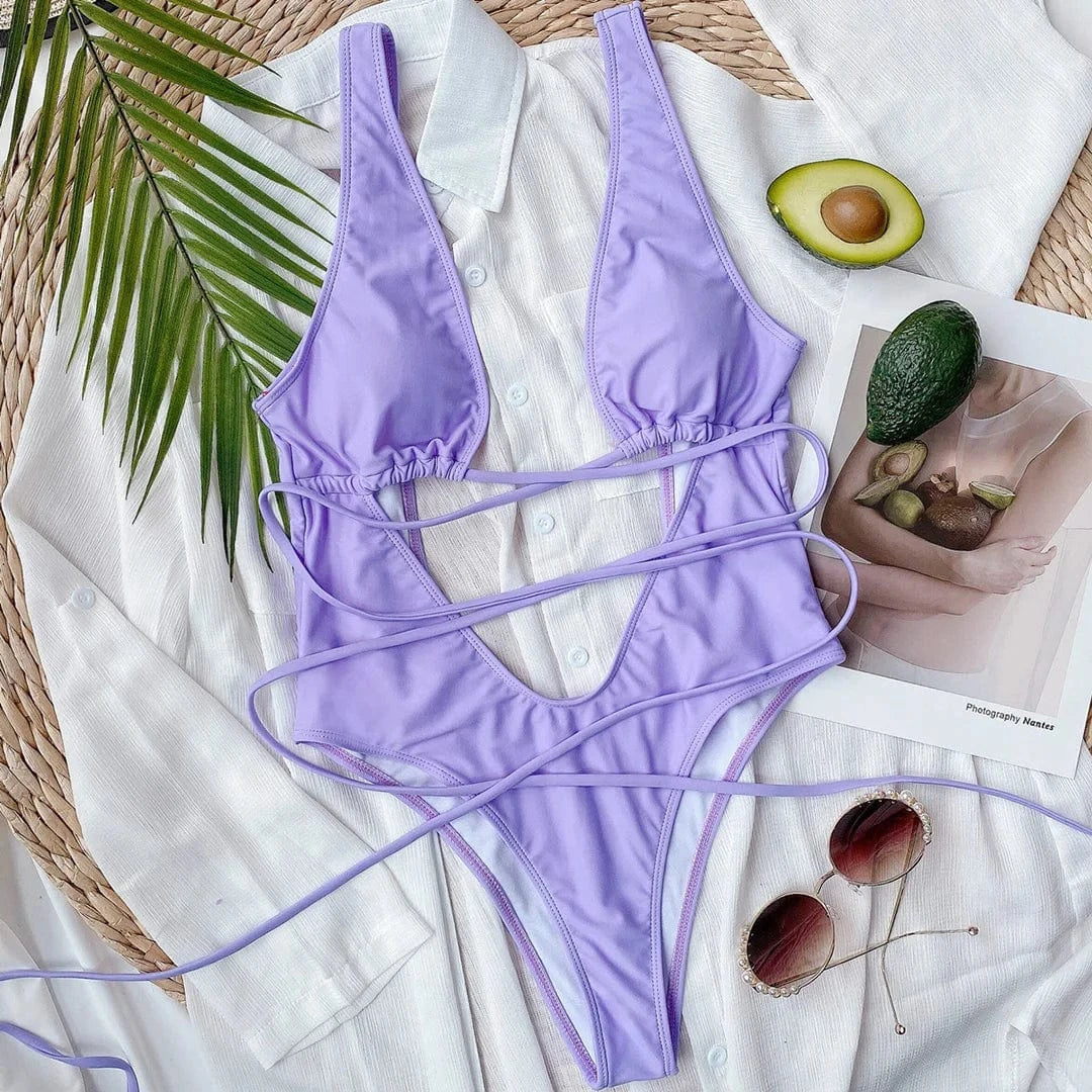 One-piece swimsuit with a front tie.