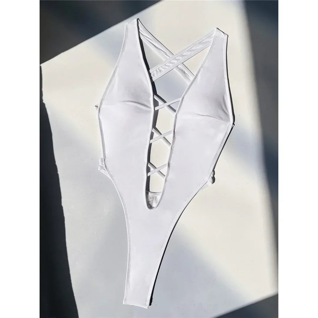 One-piece swimsuit with bold cut-outs at the front