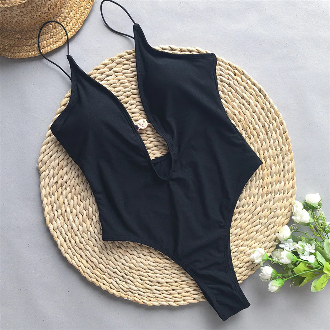 One-piece swimsuit with a deep neckline