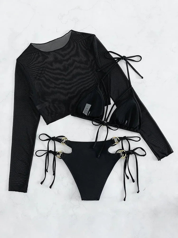 Three-piece swimsuit with a mesh top
