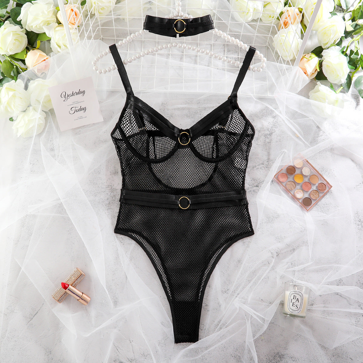 Mesh bodysuit with choker.